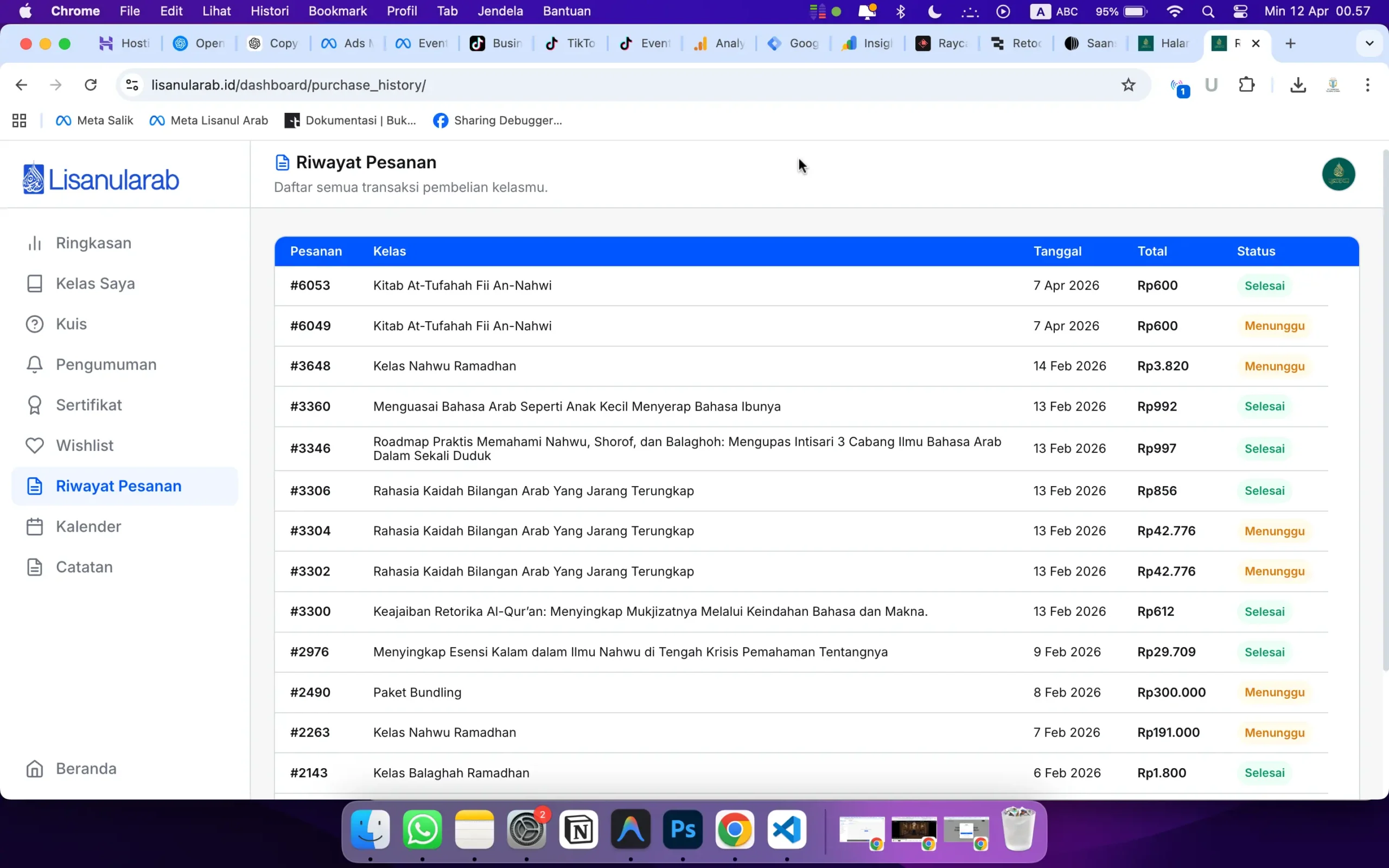 Halaman Riwayat Pesanan