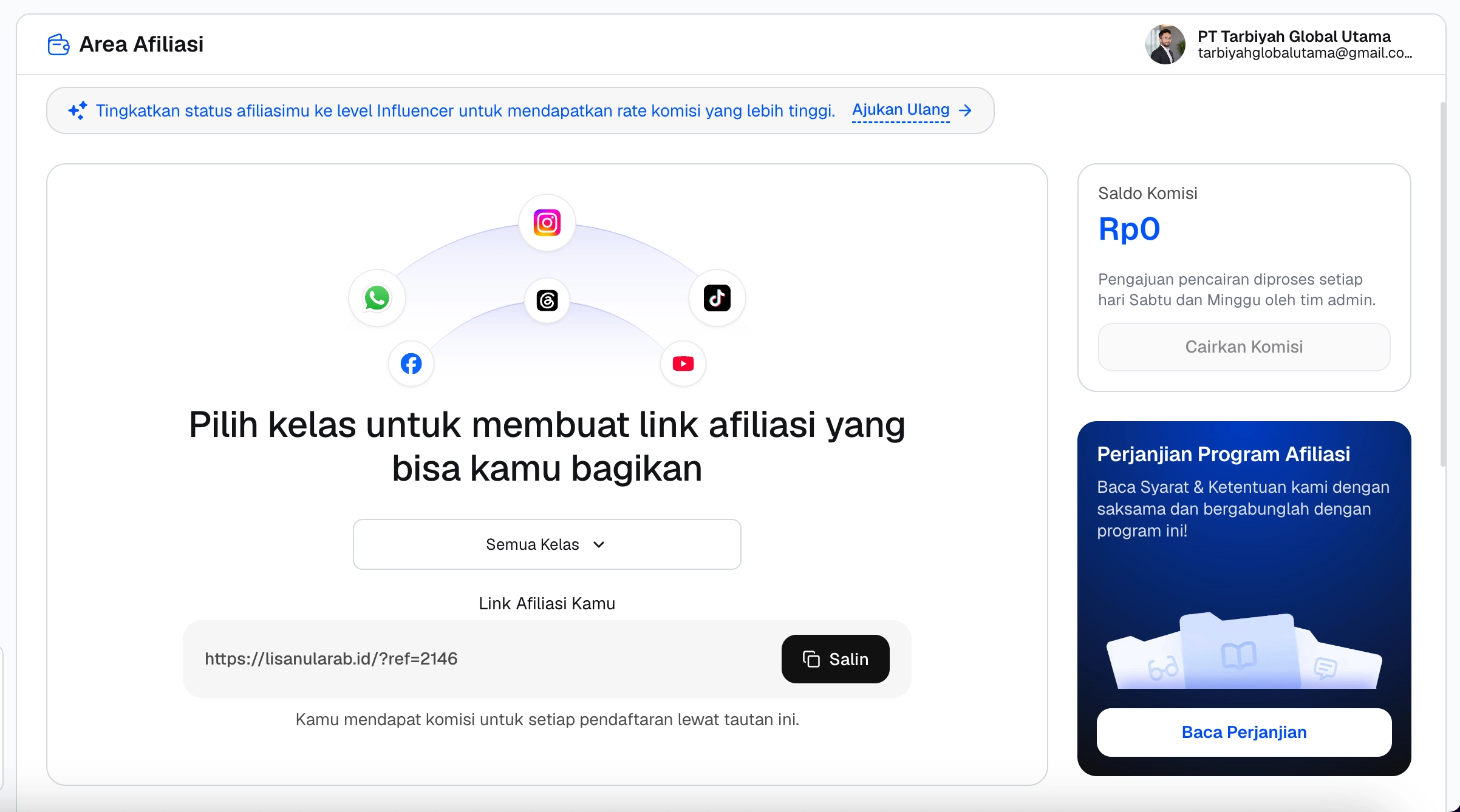 Tampilan dashboard Affiliate Area Lisanul Arab